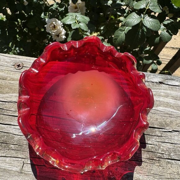 Ruby Red Murano Art Blown Glass Trinket Bowl 4.5” Glows Uv Bullicante Vintage - Picture 13 of 16